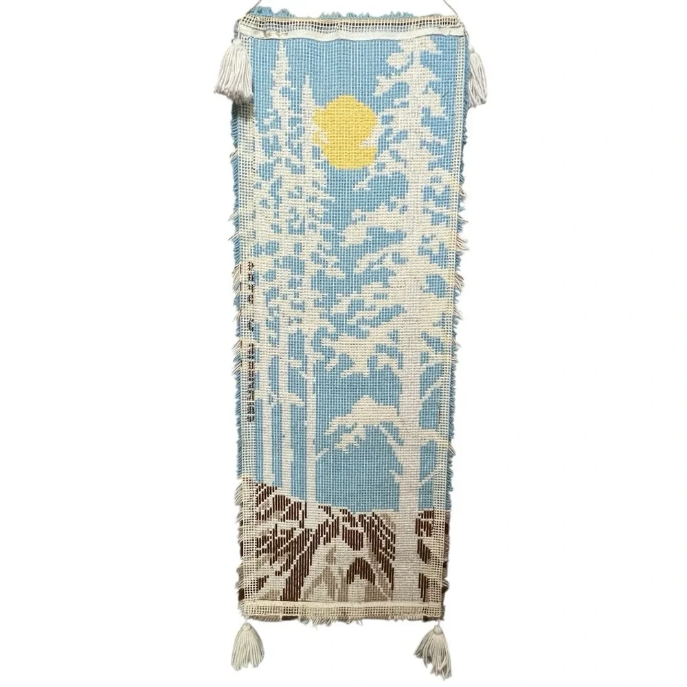 Large 6' MCM 70s‎ 3D Shag Latch Hook Wall Hanging Sun Trees Landscape Snow Retro